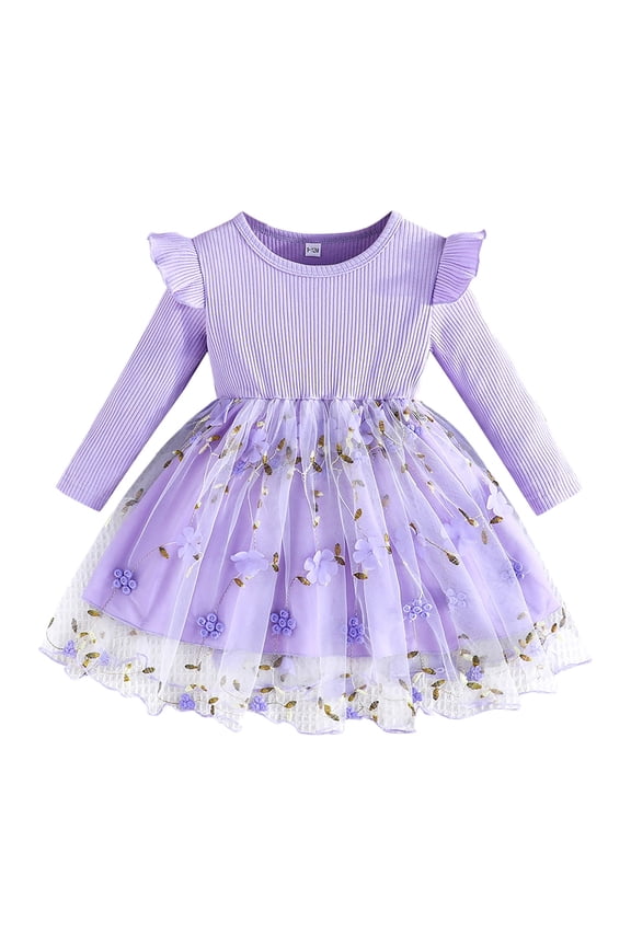 Toddler Children Girls Long Sleeve Lace Flowers Dresses Tulle Dress Clothes,Size 18-24 Months