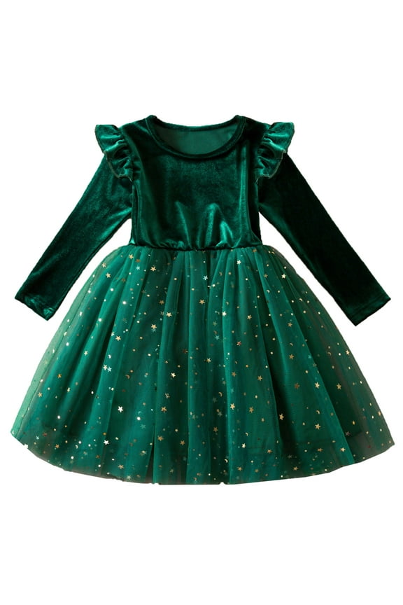 Toddler Children Girls Spring Winter Dress Christmas Long Sleeve Bowknot Party Dress Patchwork Star Prints Gradient Color Mesh Dresses Clothes,Z7-Green,4-5 Years