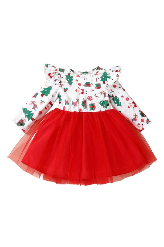 Toddler Christmas Girls Dresses Long Sleeve Party Dress With Cartoon Print Kids Holiday Casual School Clothing Red Size 3-4T