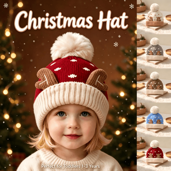 Wilark Toddler Christmas Hat with Pom Pom Winter Cute Knitted Warm Kids Festival Hat Gray 1-4 T
