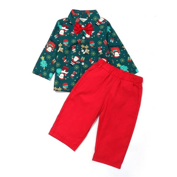 Toddler Christmas Outfit Boys Xmas Child Cartoon Long Sleeve Gentleman Shirt Tops Solid Pants Trousers Set Two Piece Clothes Size 3-4T