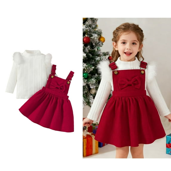 Toddler Christmas Outfit Girl Long Sleeve Ribbed Top Girls Overall Dress 2 Piece Outfit Set Fall Outfit Toddler Girl 12-18 Months