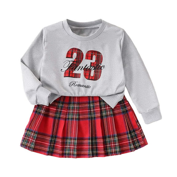 Toddler Christmas Outfit Girls Pleated Skirt Short Skirt Sweatshirt 2-Piece Set Round Neck Red Black Check Skirt Winter Clothes For Girls Grey 4 Y-5 Y