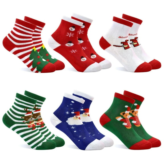 Toddler Christmas Socks, 6 Pairs Newborn Toddler Kids Crew Xmas Holiday Socks for 0-9 Years Girls Boys