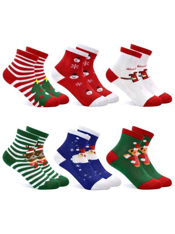 Toddler Christmas Socks, 6 Pairs Newborn Toddler Kids Crew Xmas Holiday Socks for 0-9 Years Girls Boys