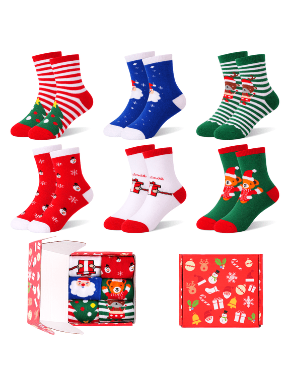 Toddler Christmas Socks, 6 Pairs Toddler Kids Crew Xmas Socks Newborn Gift Box Christmas Socks for 0-9 Years Girls Boys
