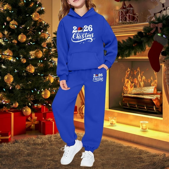 Toddler Christmas Sweatsuit 2 Piece Graphic Casual Long Sleeve Hoodie Holiday Sweatershirt Pullover Sweatpants Joggers Set Girls Sweatshirts Size 6-7 Years