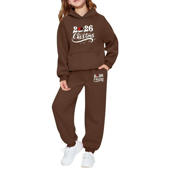 Toddler Christmas Sweatsuit Set for Girls 2 PC Graphic Casual Long Sleeve Hoodie Holiday Sweatershirt Pullover Jogger Set Little Girls Clothes 11-12 Years