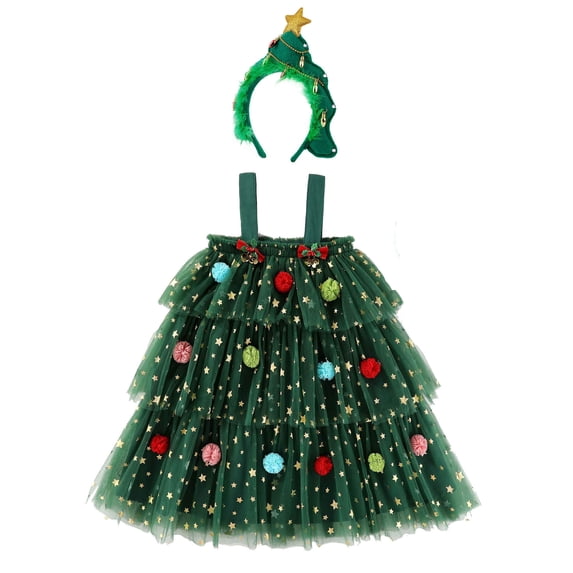 Toddler Christmas Tutu Dress with Headband Baby Girl Sleeveless Layered Princess Tulle Dress 3-4Y
