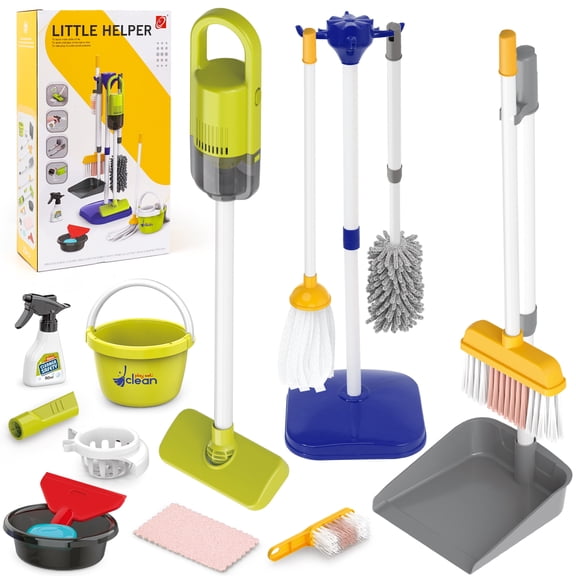 Toddler Cleaning Set, 14 Pcs Kids Cleaning Toy Set with Electric Toy 2 in 1 Vacuum That Really Works, Pretend Play Home Cleaning Playset, Broom and Dustpan Set, Birthday Gifts for Girls & Boys,Blue