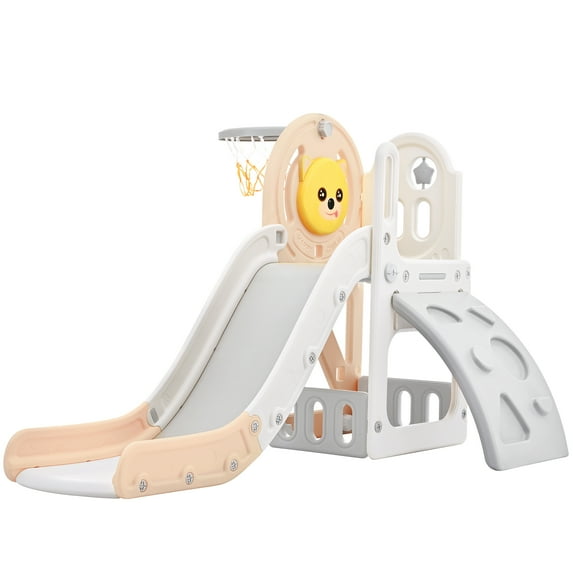 Toddler Climber and Slide Set 4 in 1, Kids Playground with Basketball Hoop, Kids Climber & Slide Playset, Pink
