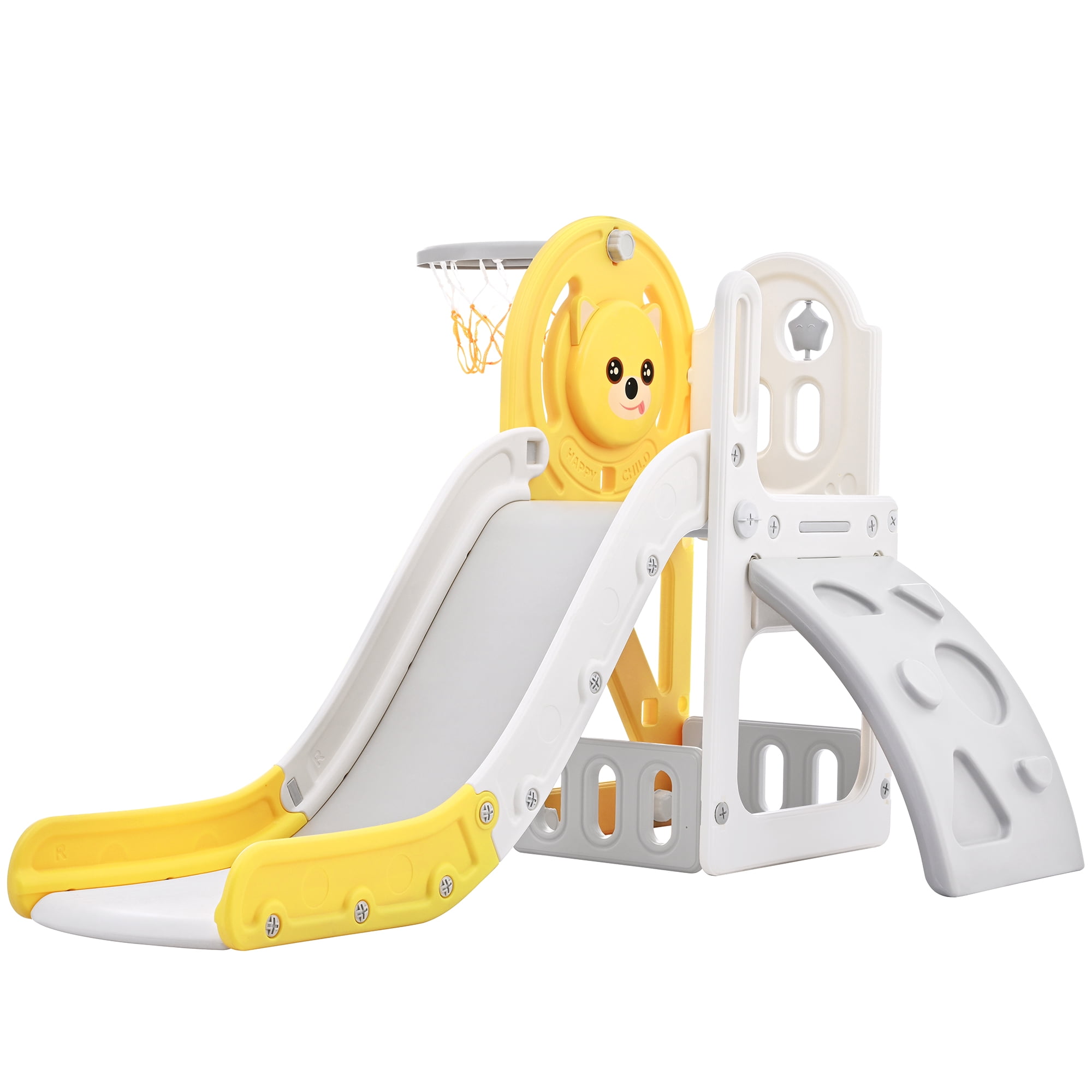 Toddler Climber and Slide Set 4 in 1, Kids Playground with Basketball Hoop, Kids Climber & Slide Playset, Yellow