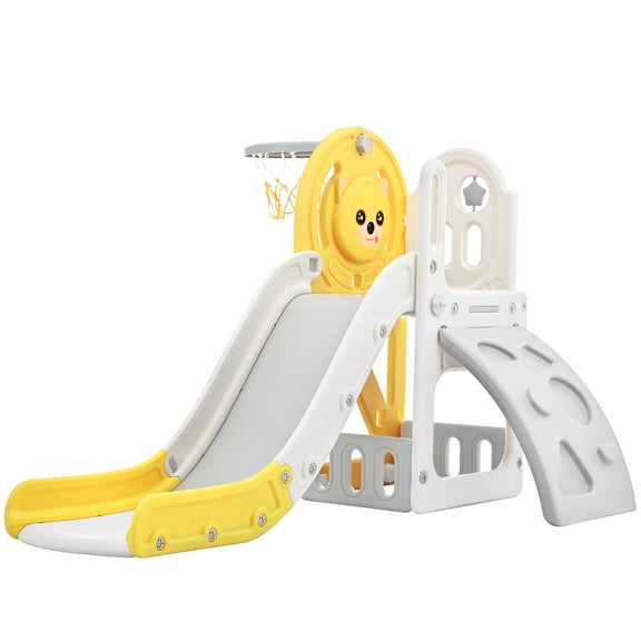 Toddler Climber and Slide Set 4 in 1, Kids Playground with Basketball Hoop, Kids Climber & Slide Playset, Yellow