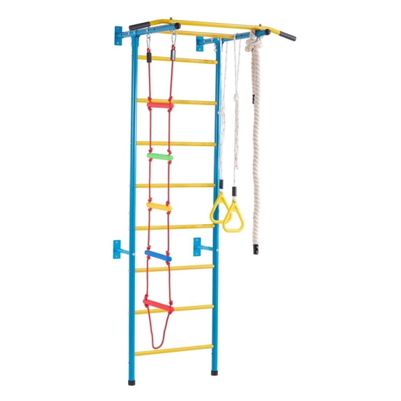 Toddler Climbing Gym, 5-in-1 Indoor Playset - Swedish Ladder, Rope, Rings & Pull-Up Bar - Supports 220lbs - Multicolor for Ages 3+