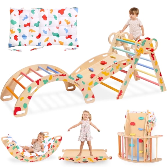 Toddler Climbing Toys Pikler Triangle Set with Cushion, 8 in 1 Wooden Montessori Jungle Gym Playsets Playground for Baby, Kid,Rainbow