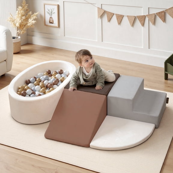 Benarita Toddler Climbing Toys with 35in Ball Pit, Indoor Soft Foam Climber Blocks, Educational Playground & Kids Playhouse, Coffee & Beige