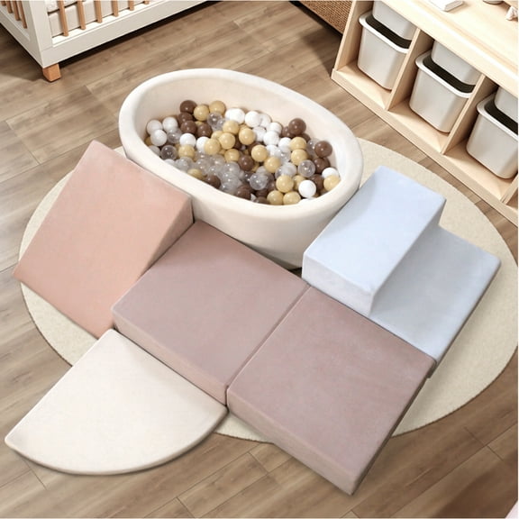 Toddler Climbing Toys with Ball Pit – Foam Climber Blocks for Indoor Soft Play, Educational Playground Climber and Kids Playhouse in Blue & Pink;