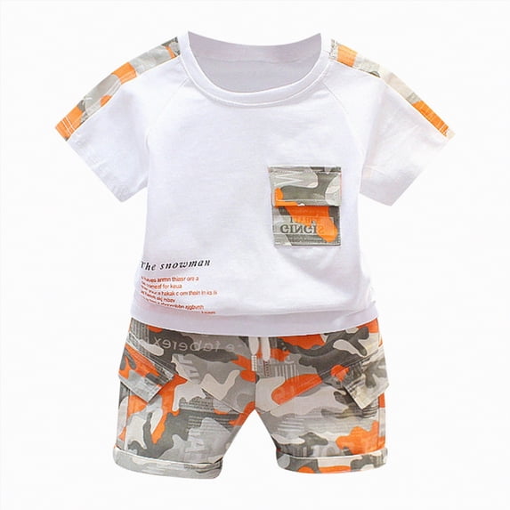 Toddler Clothes for Boys Baby Boy Summer Kids Unisex Spring Cotton Round Neck Print Short Sleeve Beach 6M 12M 18M 24M 3T 4T T-Shirt with Solid Shorts 2Pcs Outfit & Set 2PCS
