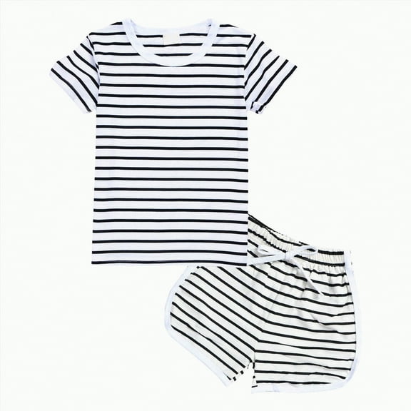 Toddler Clothes for Boys Baby Outfits Shirts Sets Kids Summer Cotton Striped Print Short Sleeved Casual 6 12 18 24Months 2T 3T T-shirt with Elastic Waist Shorts T and Two Pieces Set