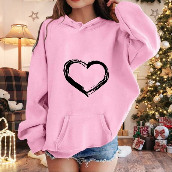 Toddler Clothes for Girls Heart Print Long-Sleeve Kids Hoodie Loose Fit Casual Spring Pullover Sweatshirts Tops Shirts Pink 11-12 Years