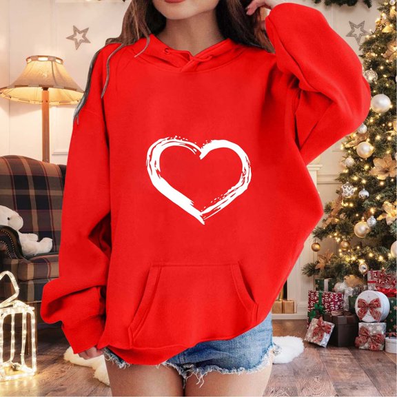 Toddler Clothes for Girls Heart Print Long-Sleeve Kids Hoodie Loose Fit Casual Spring Pullover Sweatshirts Tops Shirts Red 7-8 Years