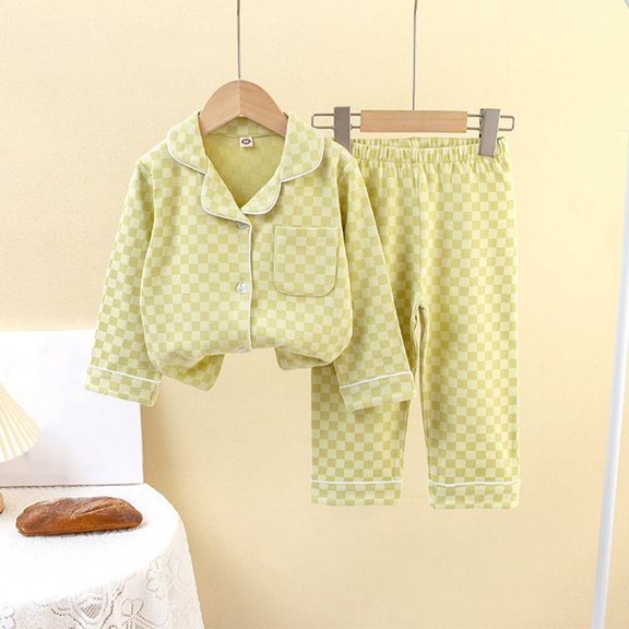 Toddler Clothes for Girls New Children's Spring Checkered Printed Lightweight Long Sleeve V-Neck   Pants Home Clothes Pajama Set Style B-3 Green 160