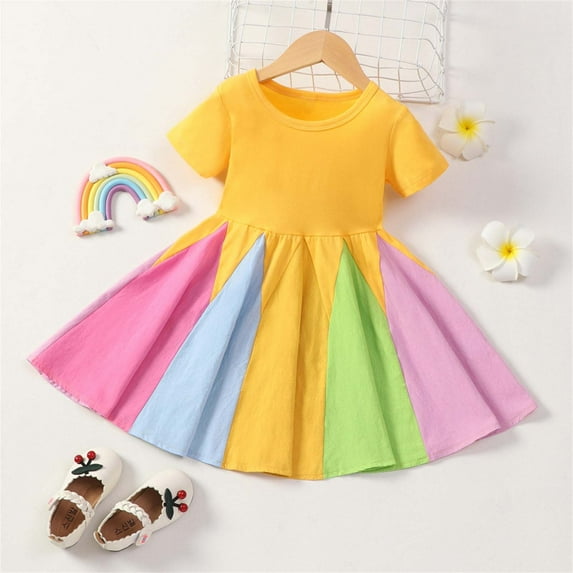 Toddler Clothing, Toddler Kids Baby Girls Fashion Cute Short Sleeve Sweet Rainbow Stitching Ruffle Dress