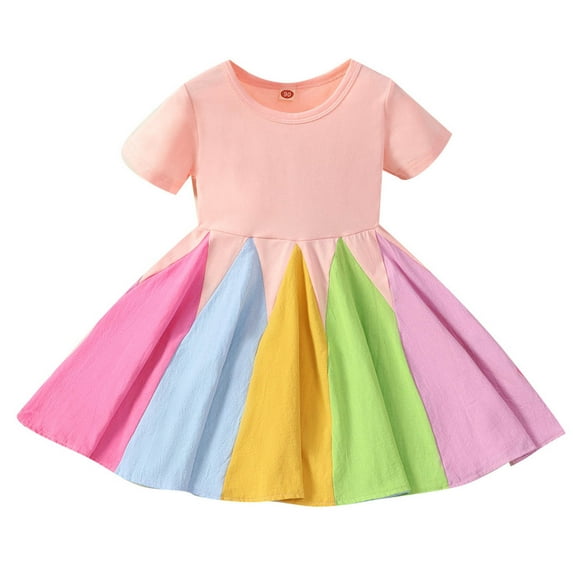 Tbopshirt Toddler Clothing,Toddler Kids Baby Girls Fashion Cute Short Sleeve Sweet Rainbow Stitching Ruffle Dress