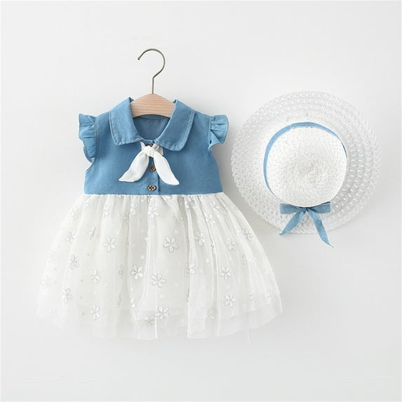 Toddler Clothing, Toddler Kids Baby Girls Fashion Cute Sleeveless Sweet Embroidery Print Ruffle Denim Dress Hat Set