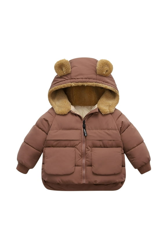 Toddler Coats Outdoor Jackets Baby Boys Clothes Kids Girls Winter Warm Solid Bear Ears Hooded Padded Outwear Children's Windbreakers Outfits For Kids 12 Months-18 Months Coffee