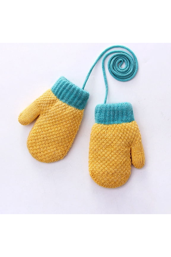 Toddler Color Block Winter Thermal Gloves Warm Knit Mittens Baby String Plush Gloves 1-3Year
