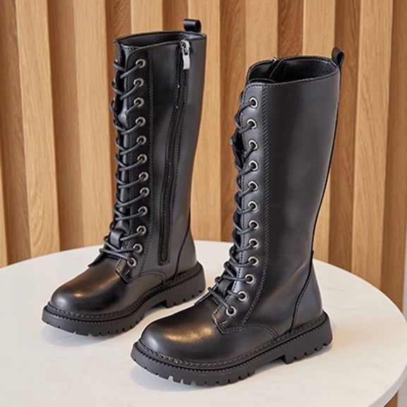 Toddler Combat Boots Size 6 Girls Lace Up Riding Boots, Mid Calf Combat Boots Waterproof Pu Leather Side Zipper Punk Goth Boot 4-11 Years
