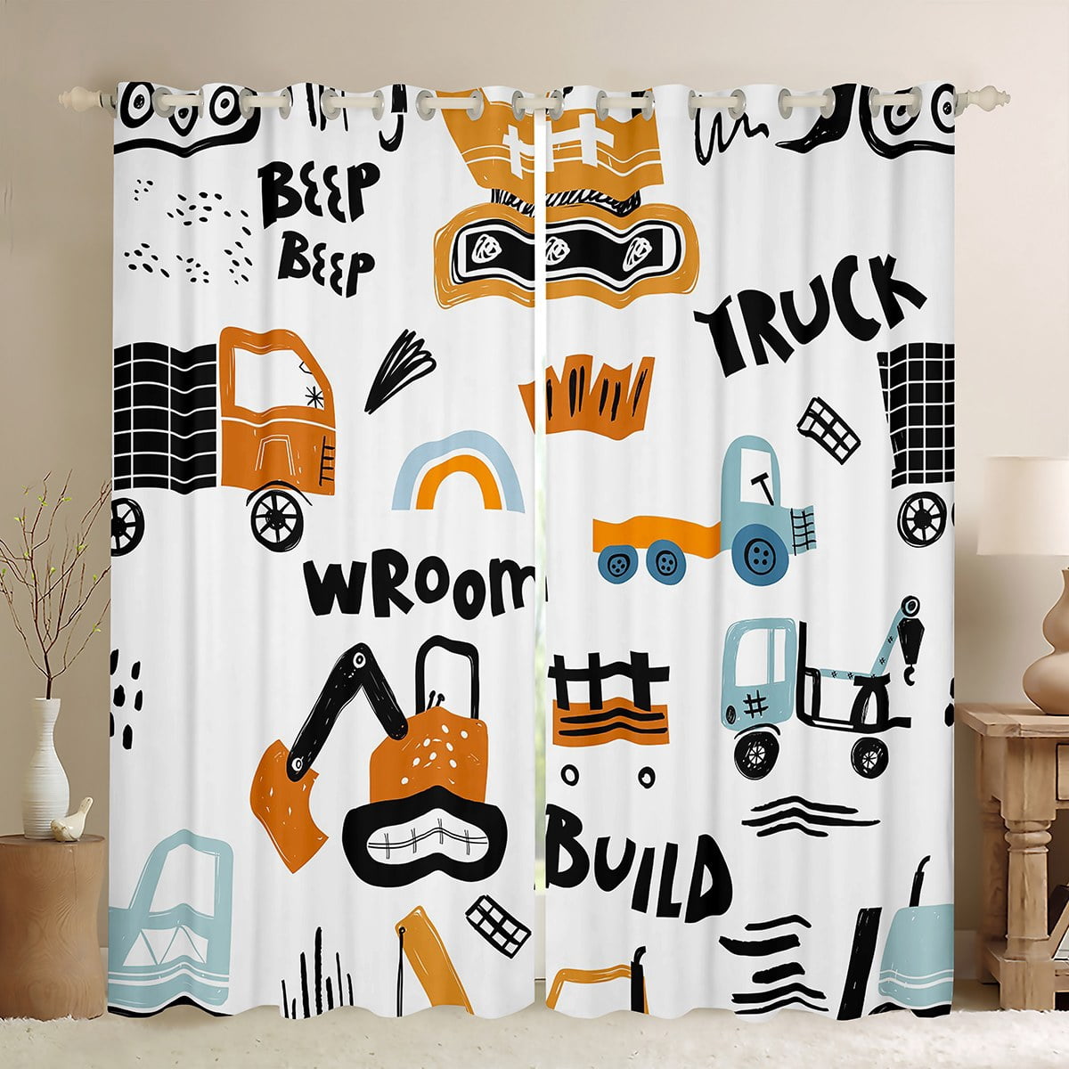 Construction Truck Curtains For Kids - 2 Panels, 38x54 Inch, Machinery Theme Room Decor - View #2