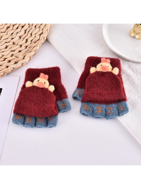 Toddler Convertible Knitted Gloves Cute Cartoon Face for Winter Outdoor Play Activities Kids Mittens