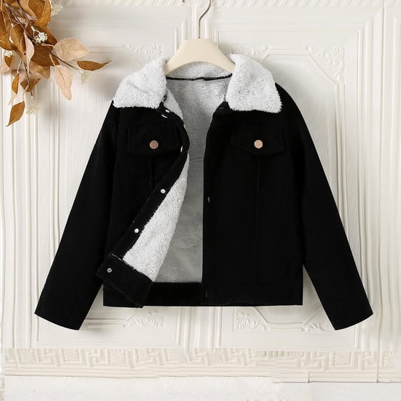 Toddler Corduroy Sherpa Jacket, Fleece Lining Coat Lapel Button Down Thicked Warm Outwear for Baby Boys Girls Black 3-4Years