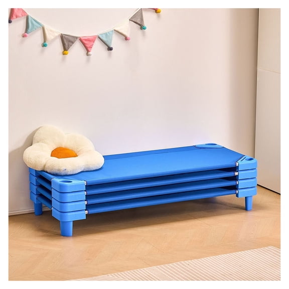 Toddler Cots 4-Pack, Stackable Daycare Nap Cots, Portable Kids Sleeping Cots for Preschool, Classroom, Camping, Standard Size 52" x 23", Blue