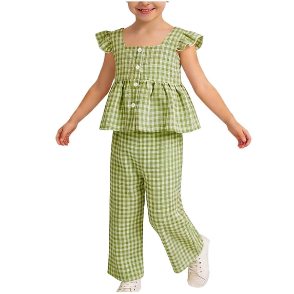 Toddler Cotton Plaid Flutter Sleeve Cardigan Set for 12M-5Y, Baby Crew Neck Vest & Pants Outdoor Two Piece Outfit Blue 12-18 Months