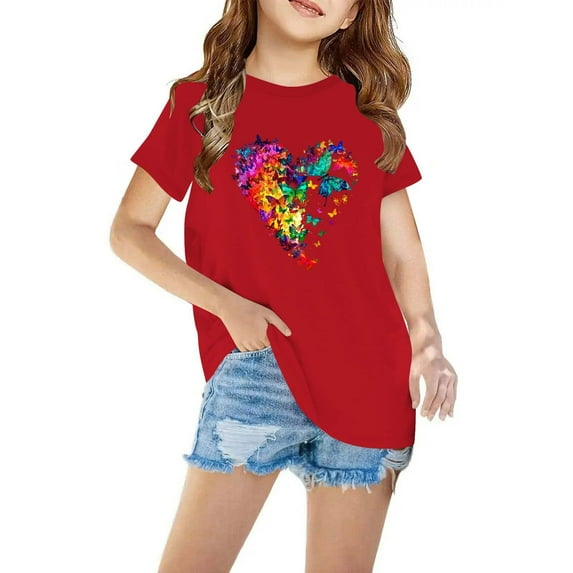 Toddler Cotton Short Sleeve Tops Boys Girls Fashion Cute Heart Prin T-Shirt Casual Round Neck Tee Top