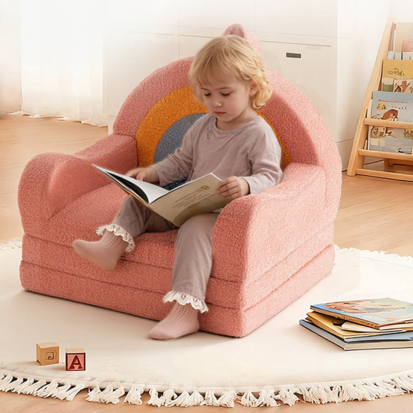 Toddler Sofa, 2-in-1 Kids Sofa, Easy to Move Toddler Chair, Toddler Beds for Gift, Rainbow