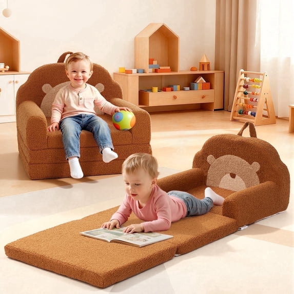Toddler Couch, Caveen 2 in 1 Kids Couch, Foldable Baby Couch Chair for Boys and Girls Gift, Bear
