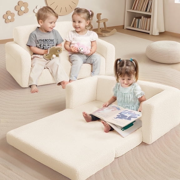 Kids Couch, Extra Wide Kids Sofa, 2 In 1 Convertible Toddler Sofa Chair for Boys and Girls, Beige