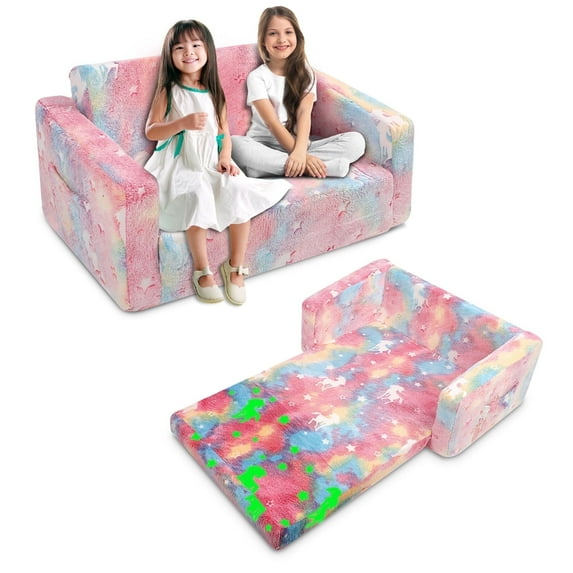 Toddler Couch, Toddler Chair Folding, 2 Seats Kids Couch 2 in 1, iIn the Dark Open Couch,Baby Convertible Sofa for Playroom, Gifts for Sleeper for Girls Boys,for Birthday Gift, Children's Day,Pink
