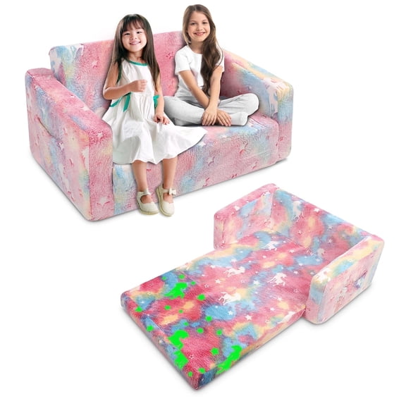Toddler Couch, Toddler Chair Folding, 2 Seats Kids Couch 2 in 1, iIn the Dark Open Couch,Baby Convertible Sofa for Playroom, Gifts for Sleeper for Girls Boys,for Birthday Gift, Children's Day,Pink