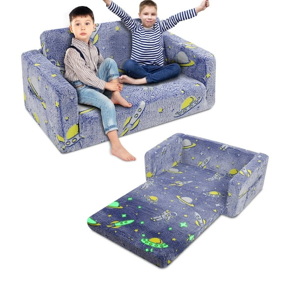 Toddler Couch, Toddler Chair Folding, Kids Couch 2 in 1, Kids Sofa for Playroom-Extra Soft 2 Seats, in the Dark Open Couch, Gifts for Sleeper for Girls Boys,for Birthday Gift, Children's Day,Blue