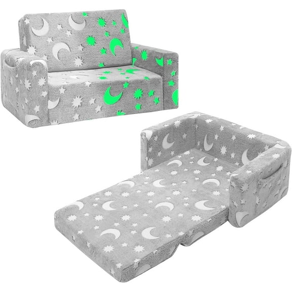 Kids Couch Toddler Chair Folding, Soft Couch 2 in 1 Kids Sofa Glow in The Dark Couch, Gifts Sleeper for Boys Girls - Gray Sky