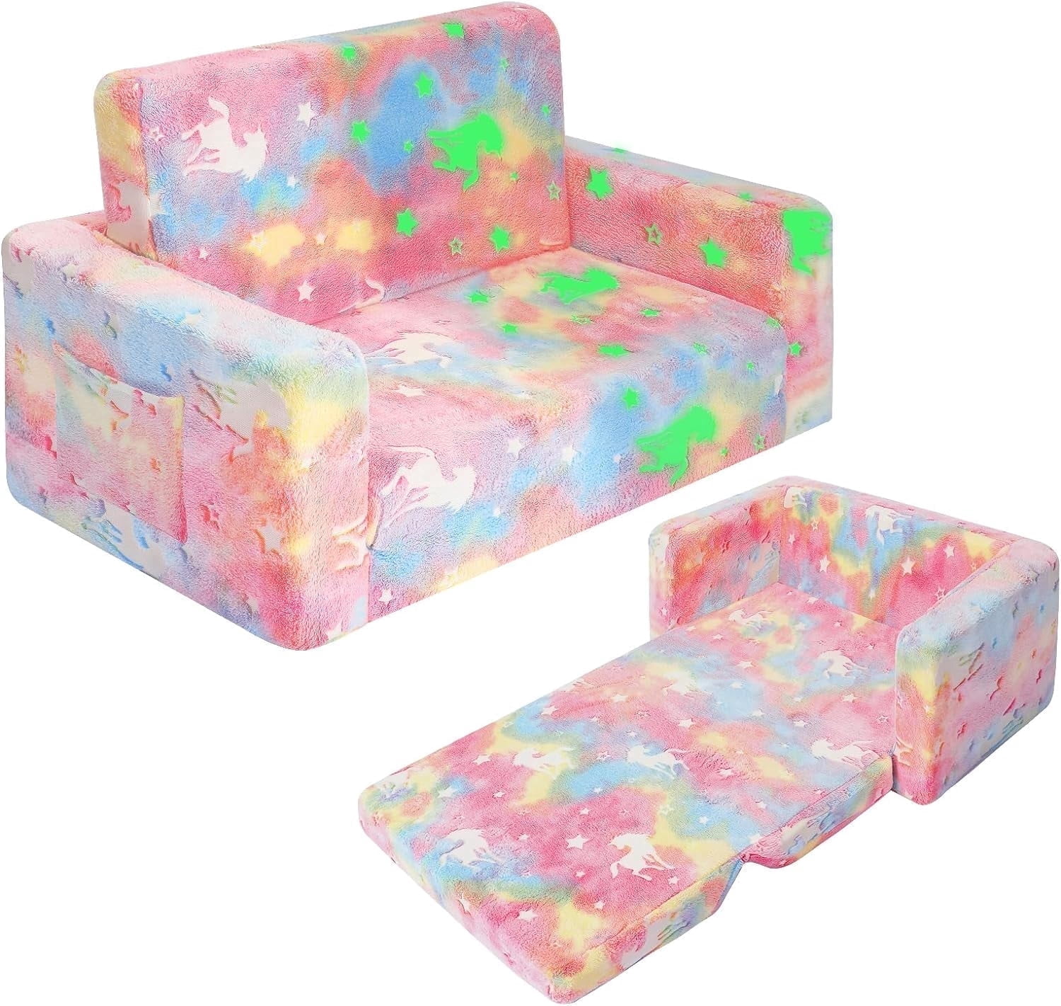 Kids Couch Toddler Chair Folding, Soft Couch 2 in 1 Kids Sofa Glow in The Dark Couch, Gifts Sleeper for Girls Boys - Pink Unicorn