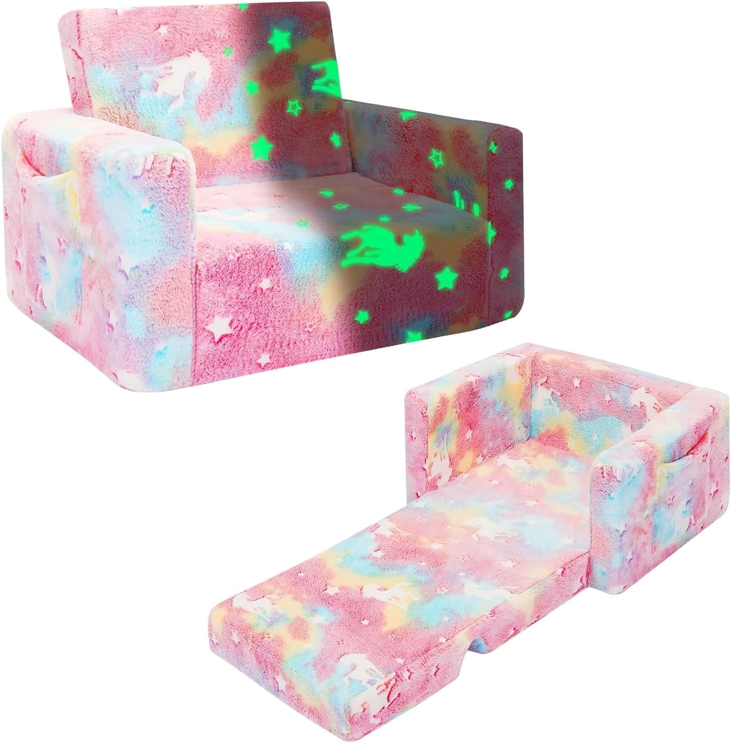 Toddler Couch, Toddler Chair Folding, Kids Couch 2 in 1 Kids Sofa Glow in The Dark Couch, Gifts Sleeper for Girls Boys - Pink Unicorn