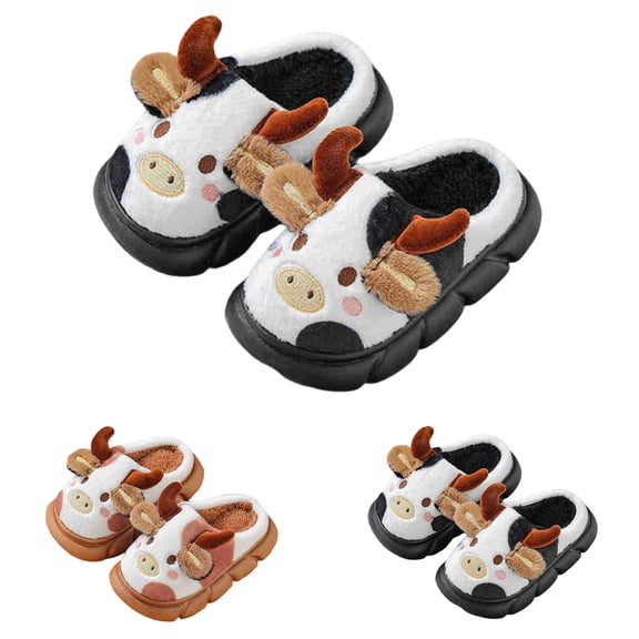 Toddler Cow Winter Slippers Soft Plush Indoor Bunny Slippers For Girls Boys Brown