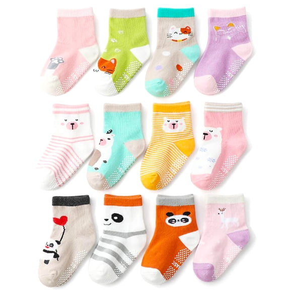 Toddler Crew Socks 12 Pairs Baby Non Slip Skid Ankle Socks With Grips