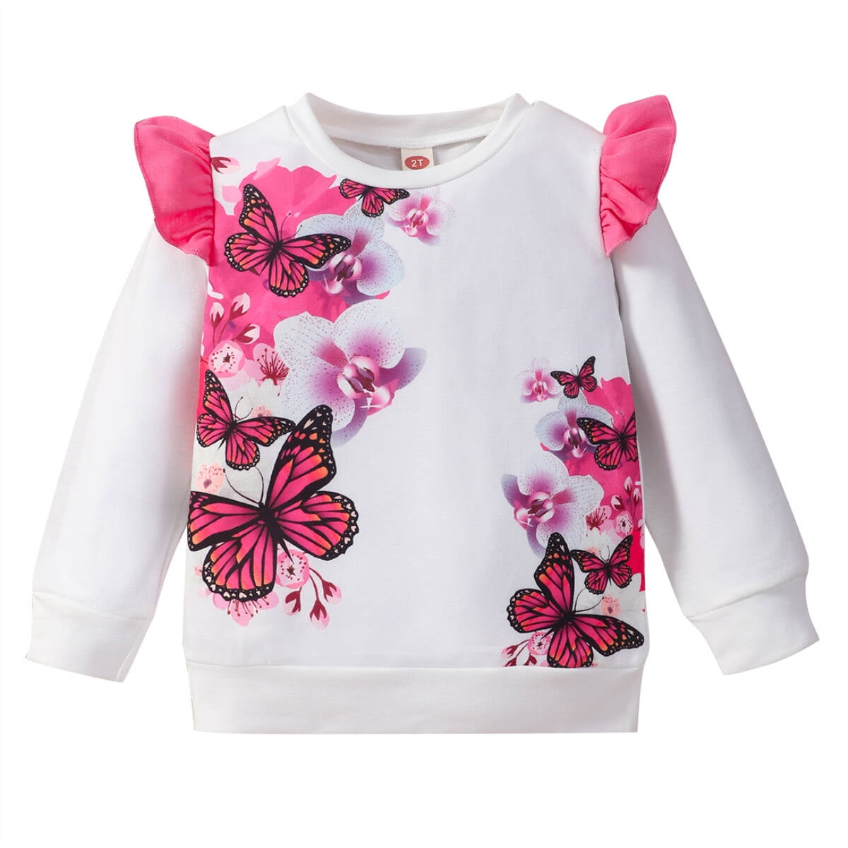 Toddler Crewneck Sweatshirt Girls White Butterfly Ruffle Pullover Size ...